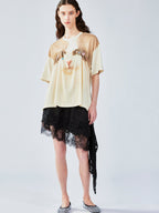 Cat print t-shirt with lifted hem