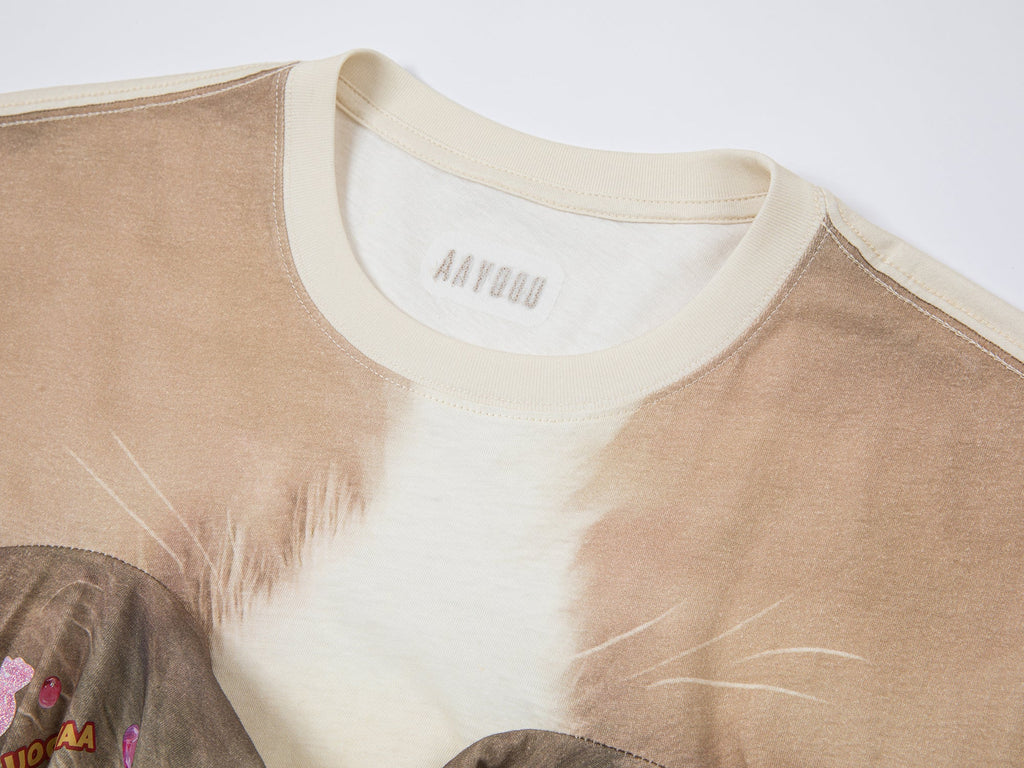 Cat print t-shirt with lifted hem