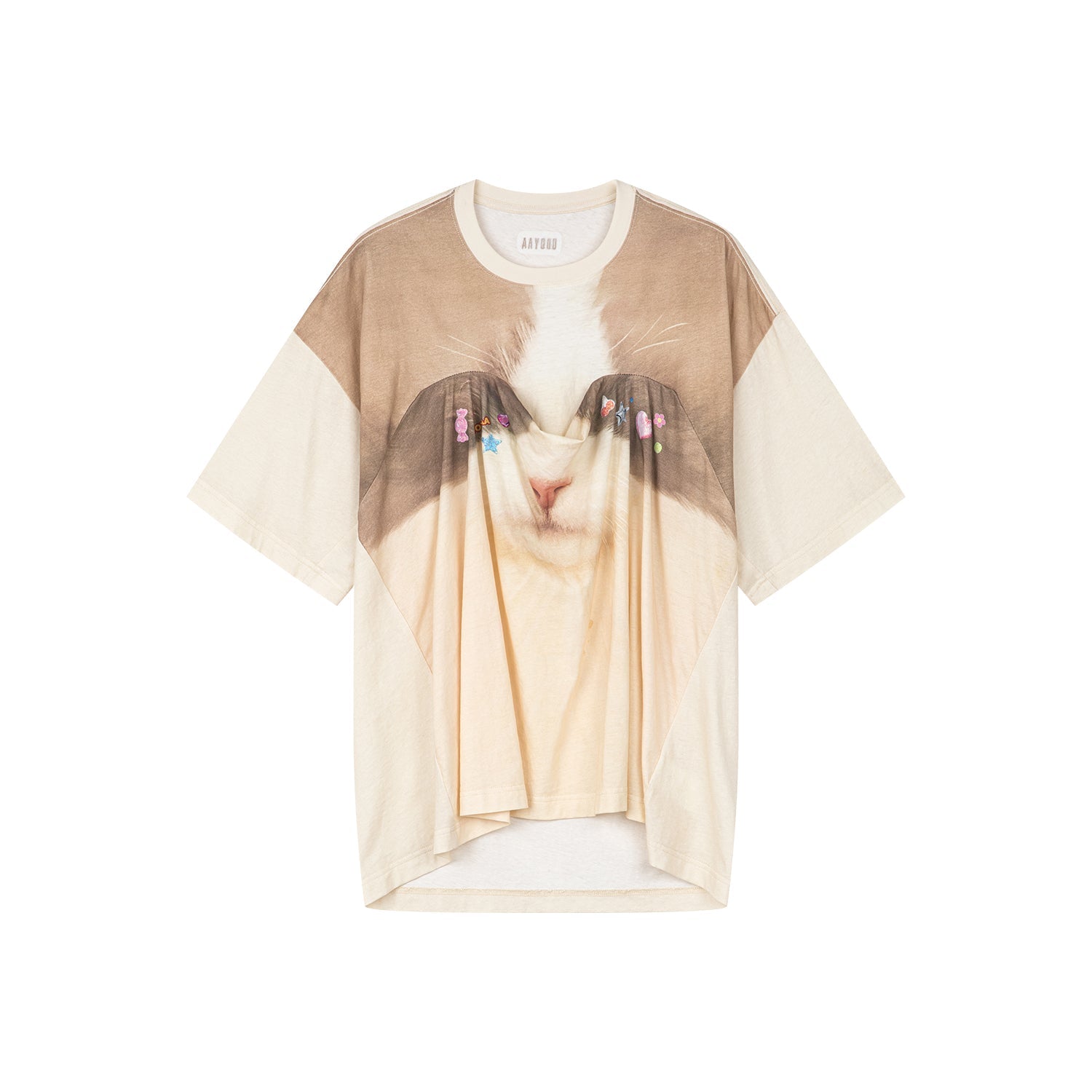 Cat print t-shirt with lifted hem