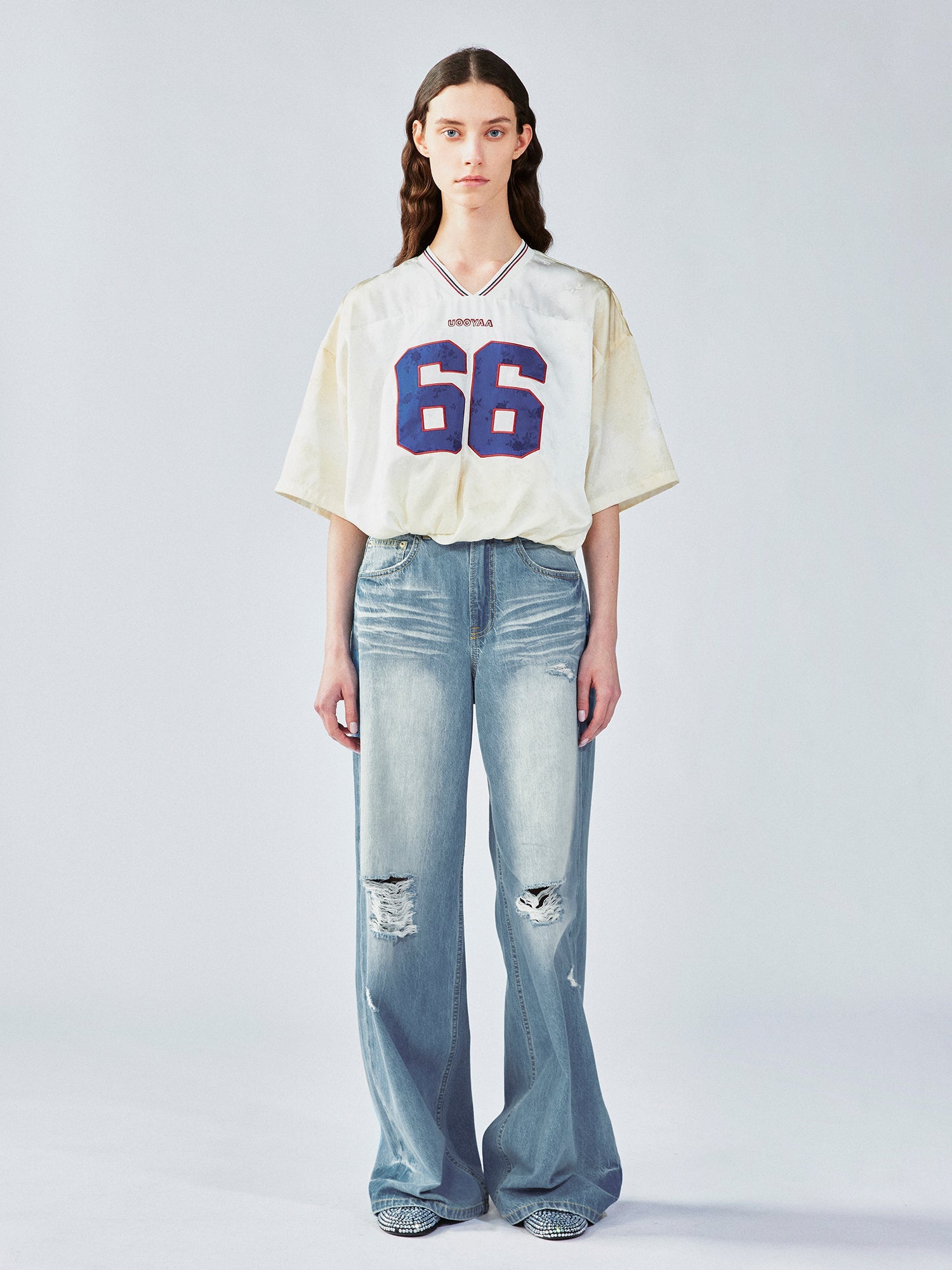 Distressed satin tulip jersey