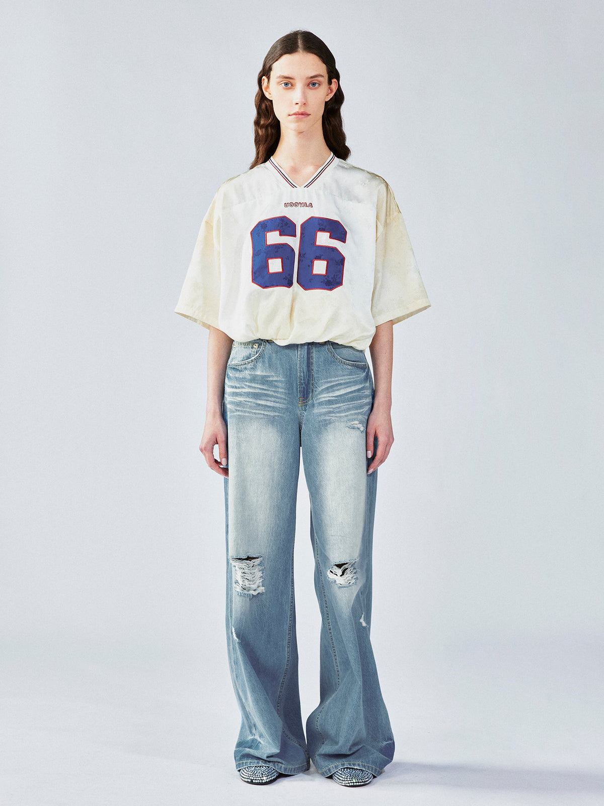 Distressed satin tulip jersey