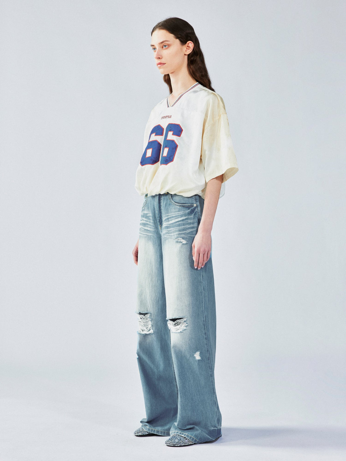 Distressed satin tulip jersey
