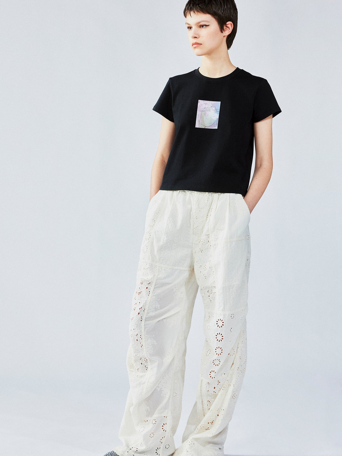Openwork embroidered cargo pants