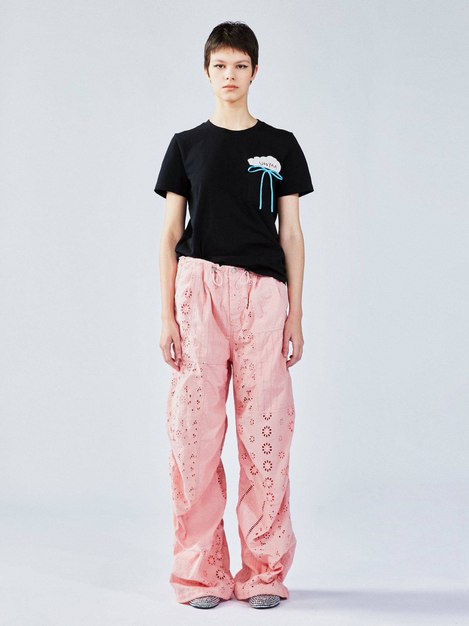 Openwork embroidery utility pants