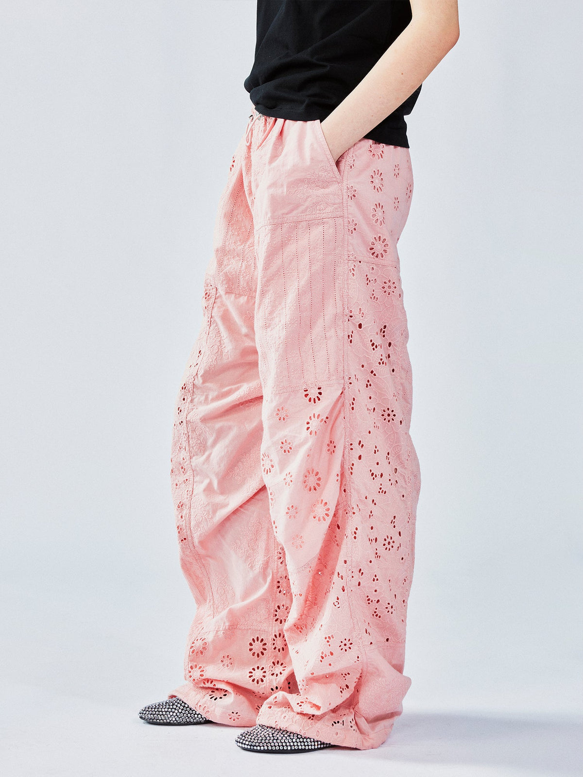 Openwork embroidery utility pants