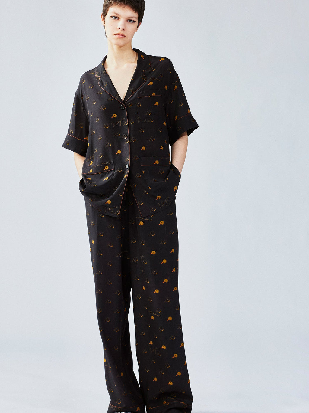 Silk hand-sketched yellow duck print pajama pants
