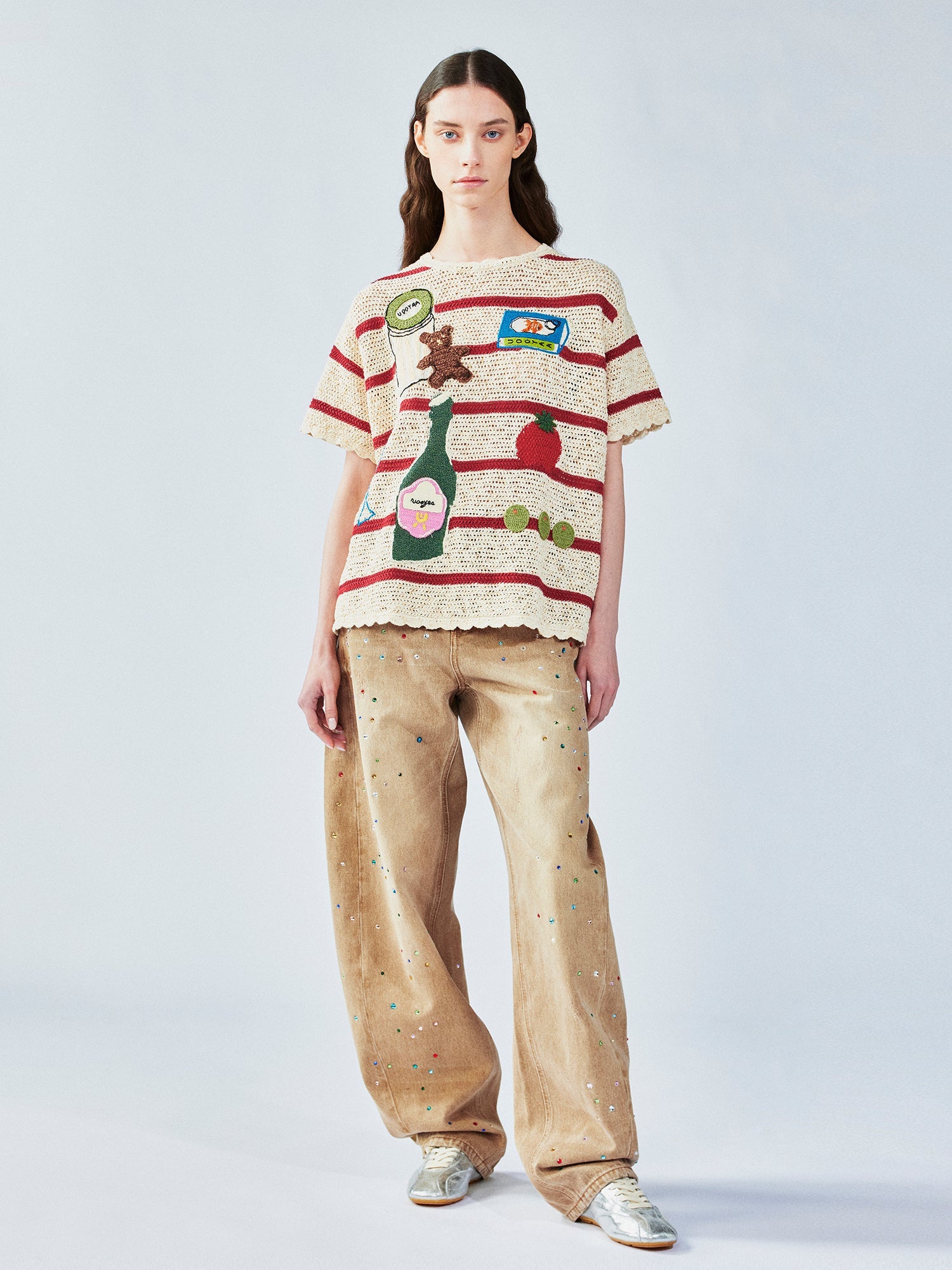 Love & food handmade granny-knit style t-shirt