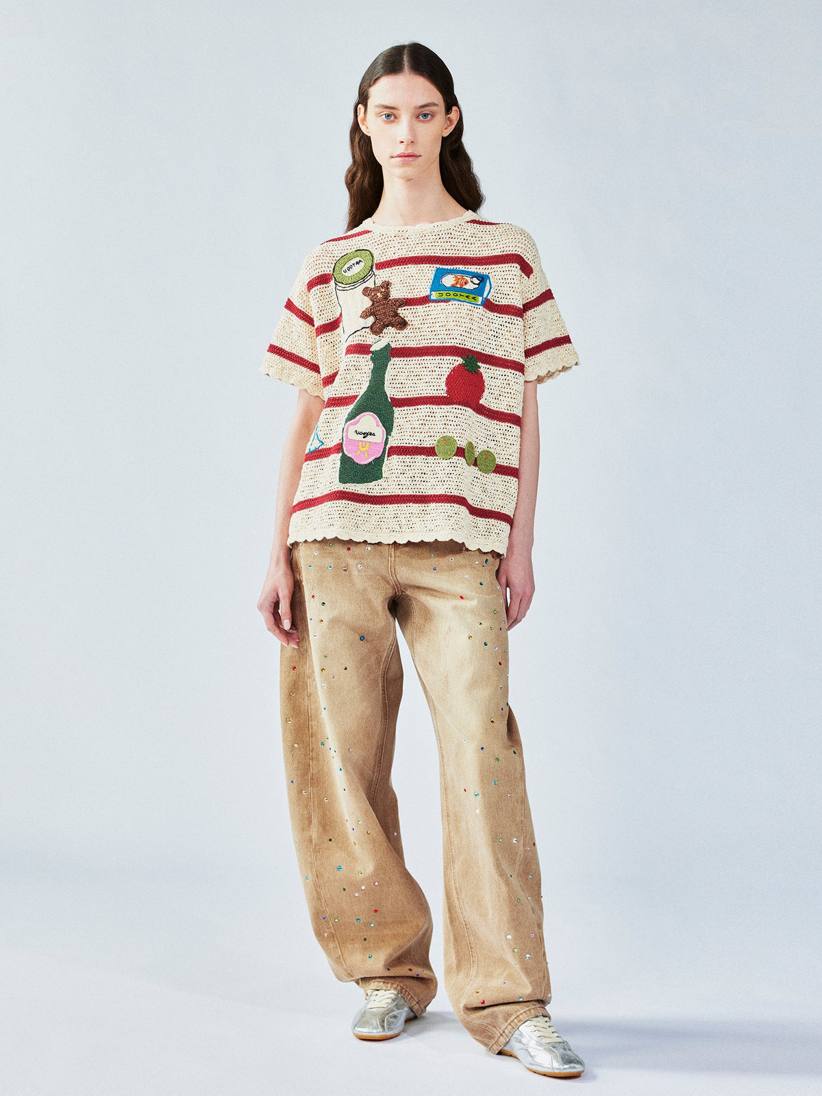 Love & food handmade granny-knit style t-shirt