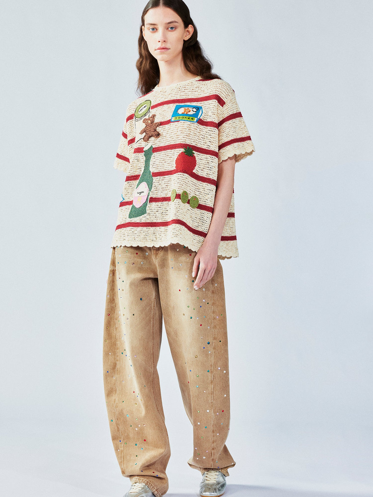 Love & food handmade granny-knit style t-shirt