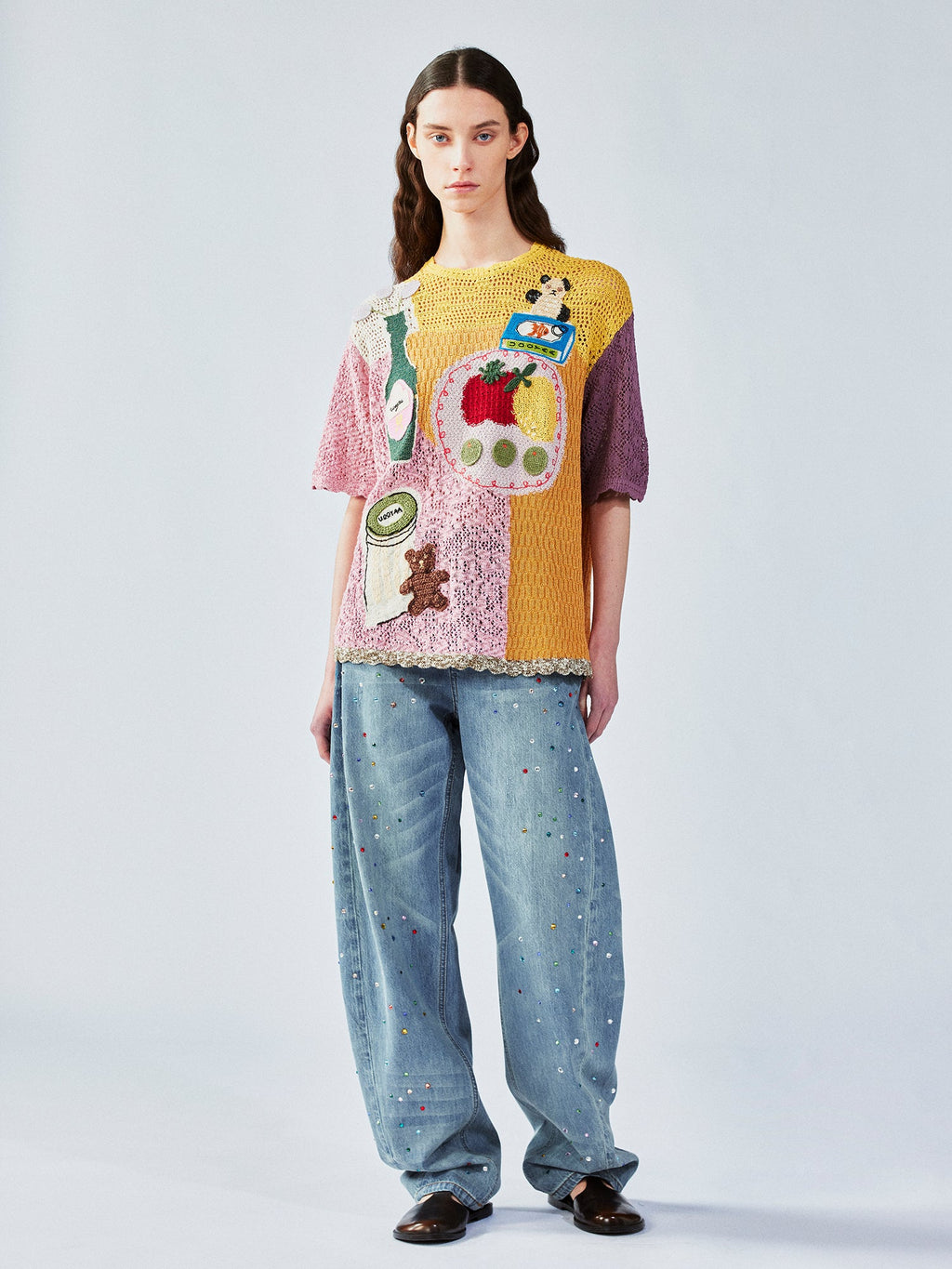 Love & food handmade granny-knit style t-shirt