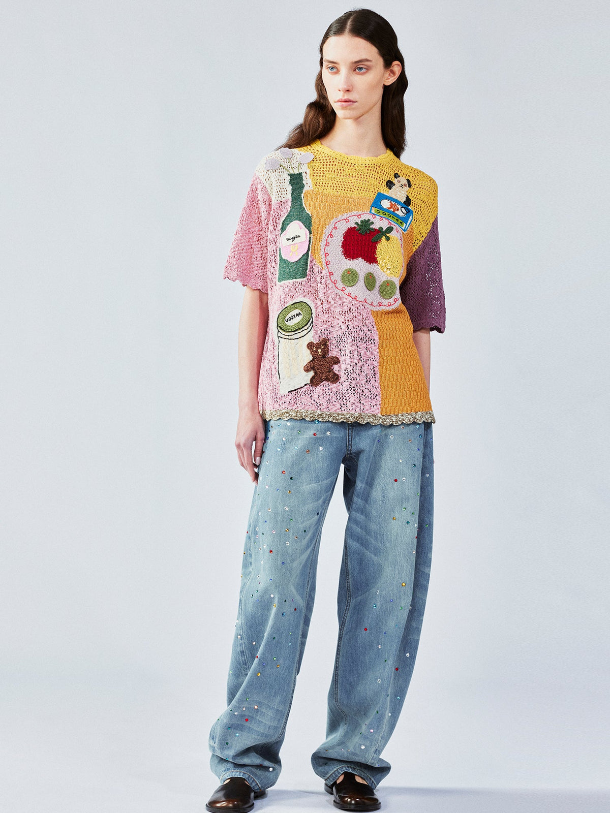 Love & food handmade granny-knit style t-shirt