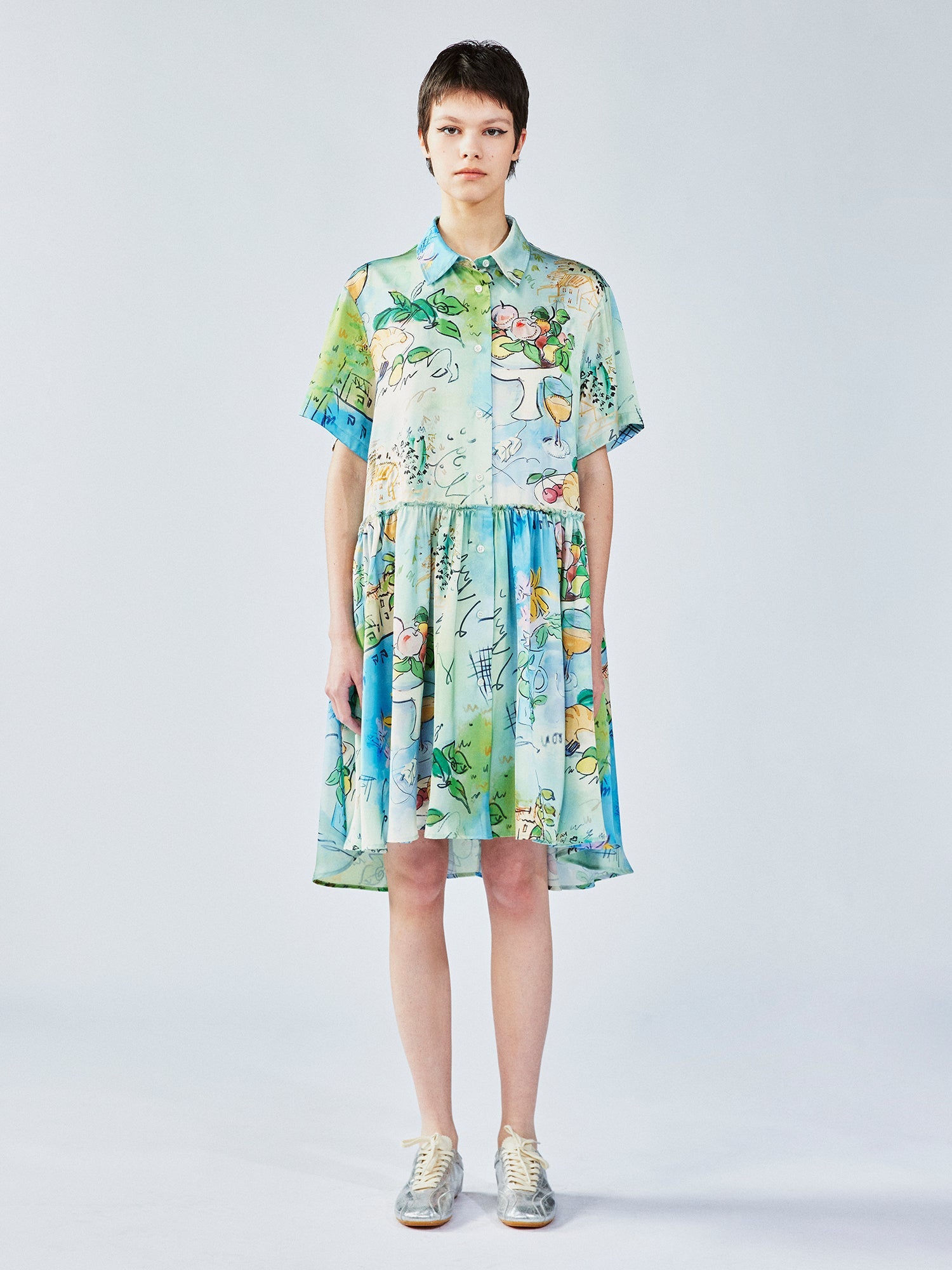 Hand-painted watercolor satin shirt dress