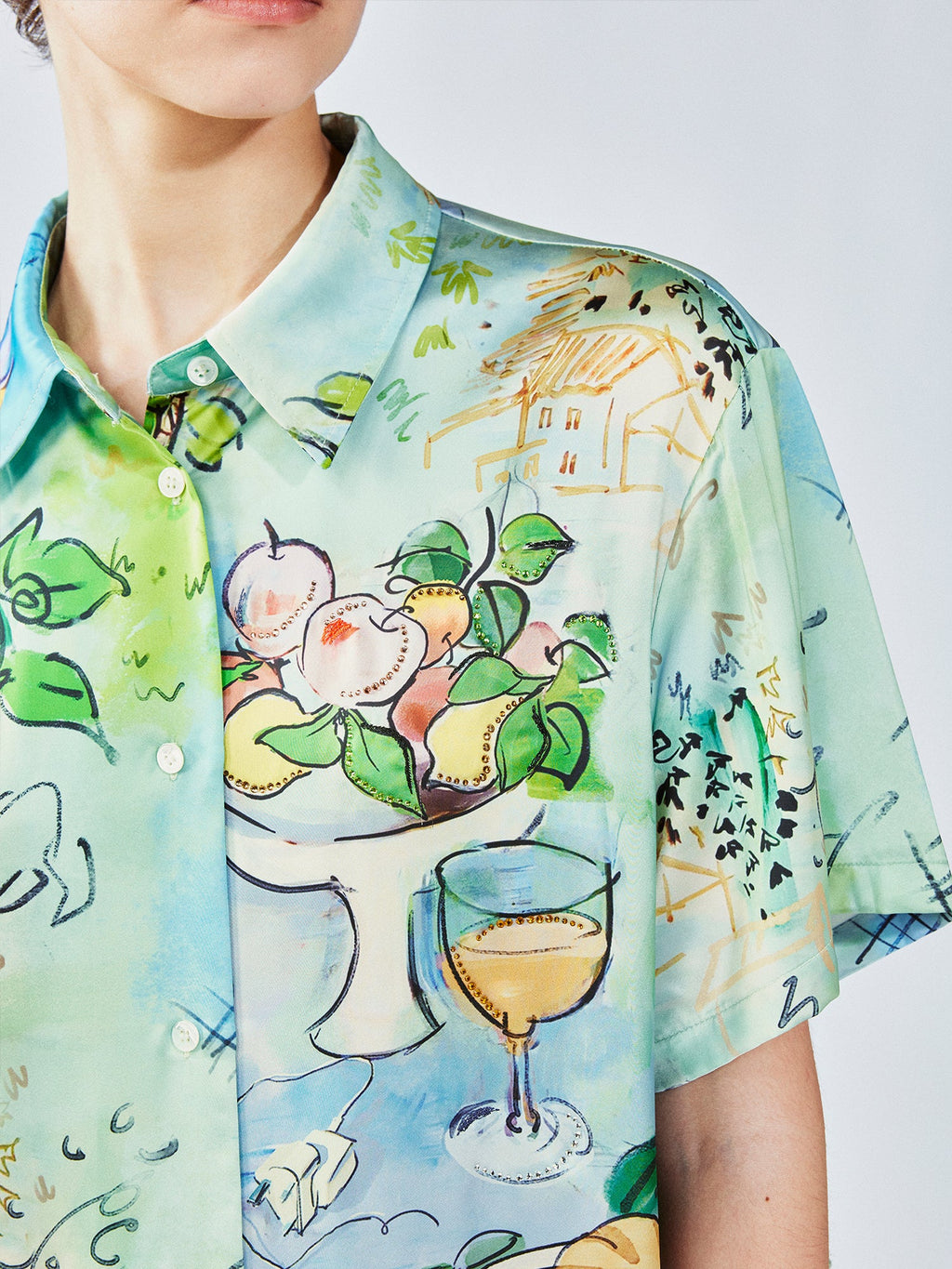 Hand-painted watercolor satin shirt dress