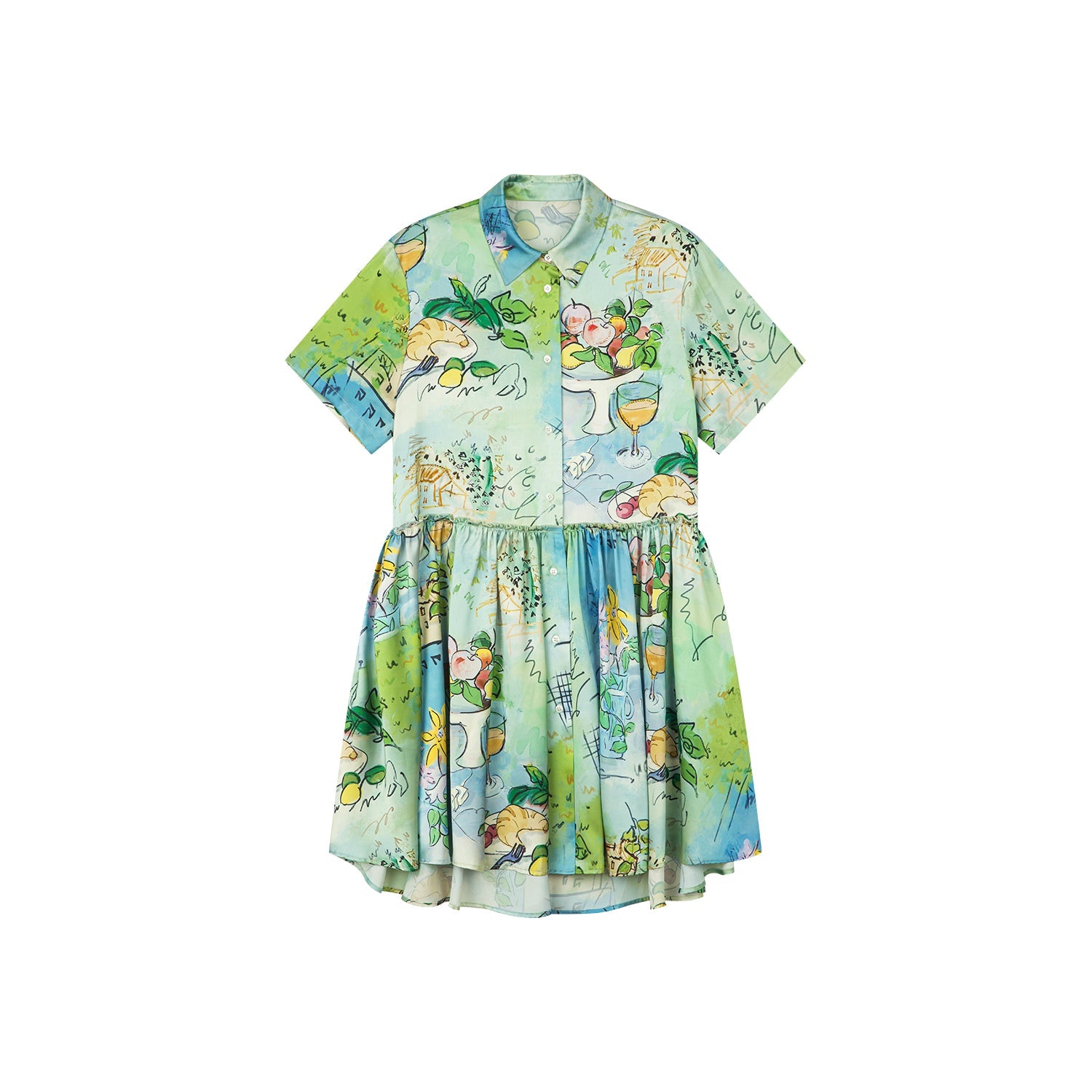 Hand-painted watercolor satin shirt dress