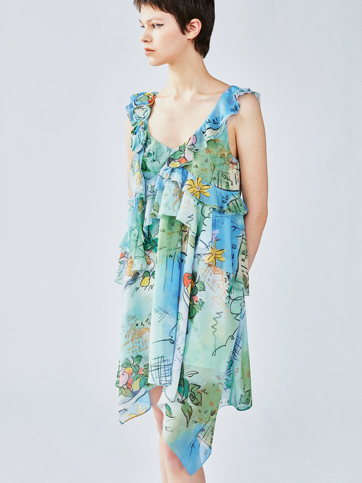 Hand-painted watercolor 3D floral dress
