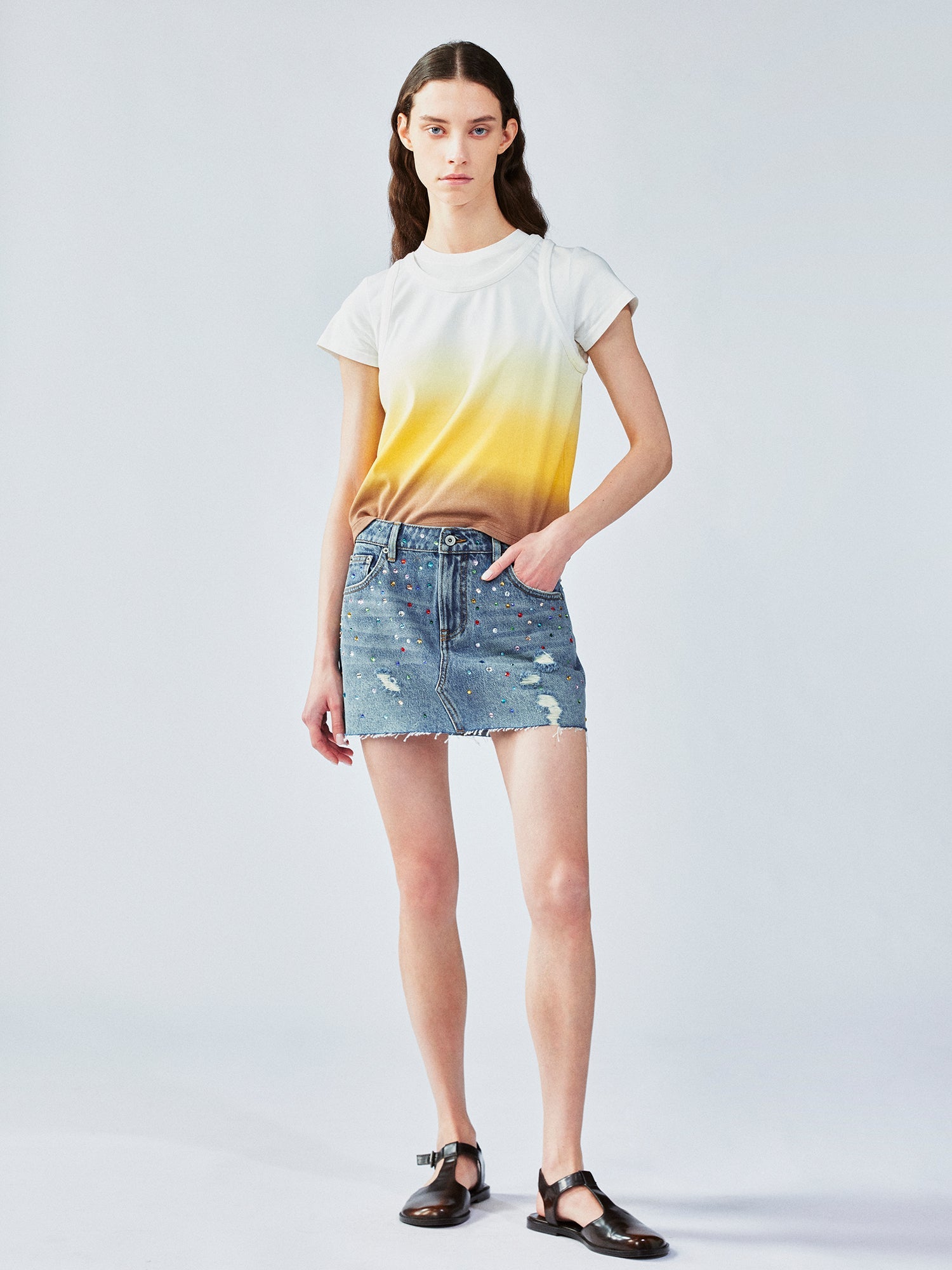 Rhinestone denim mini skirt