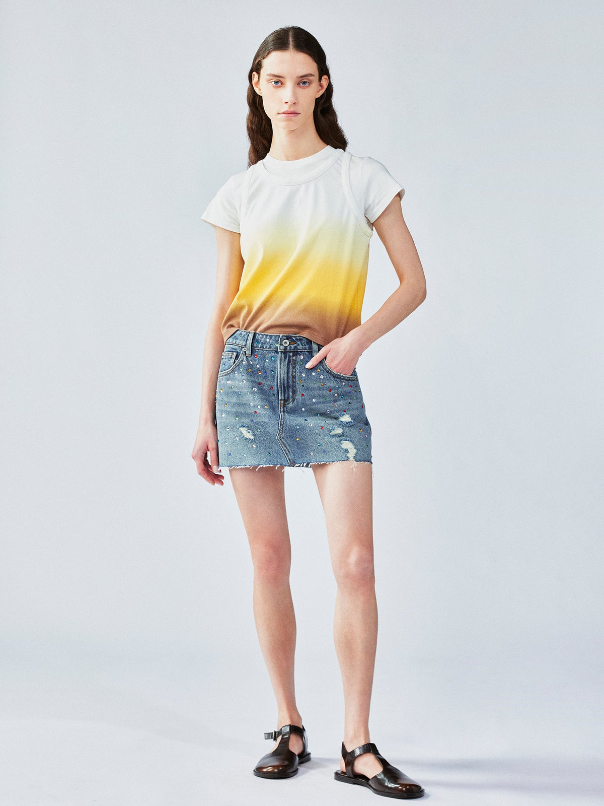 Rhinestone denim mini skirt