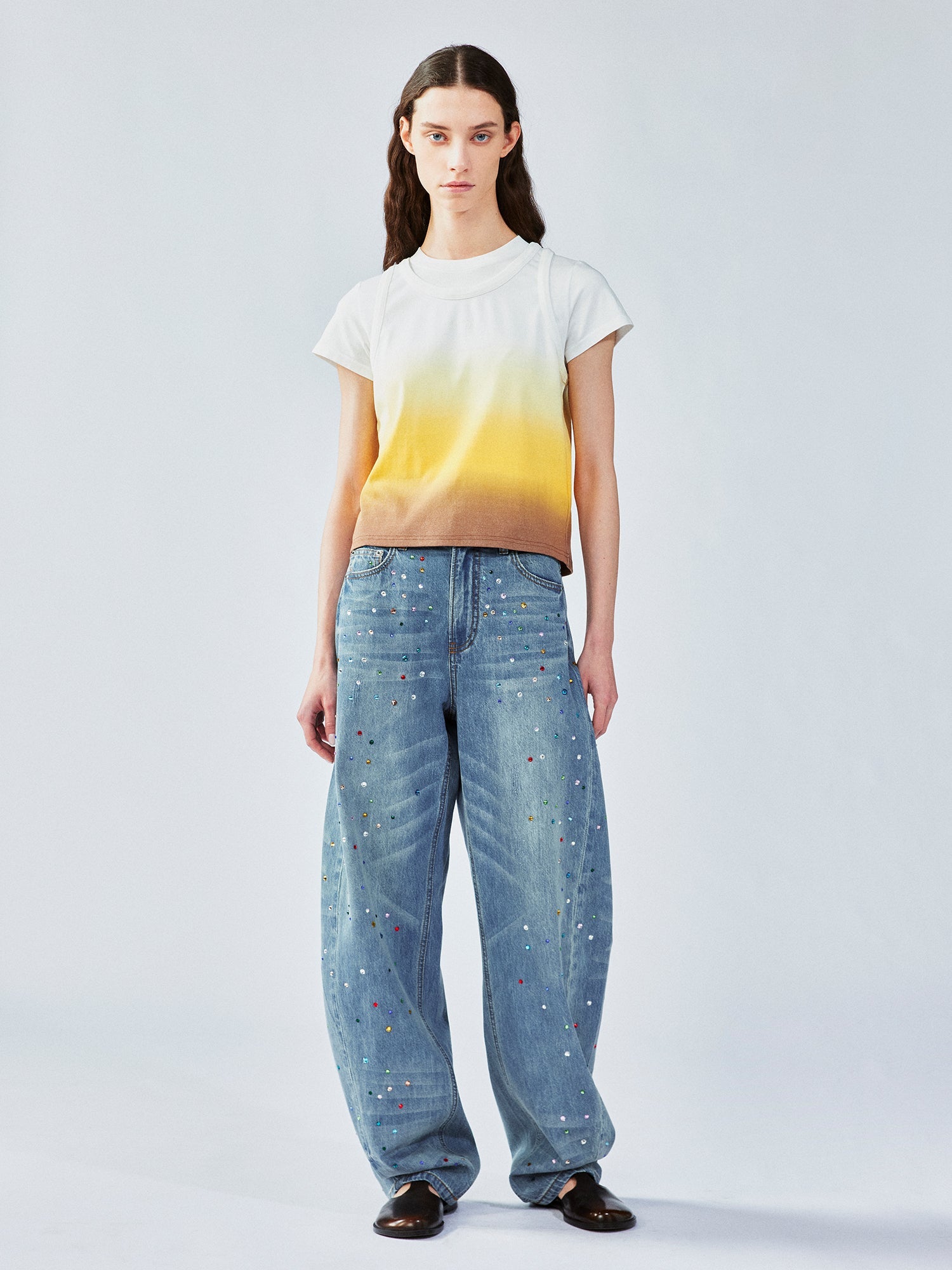 Rhinestone curved jeans