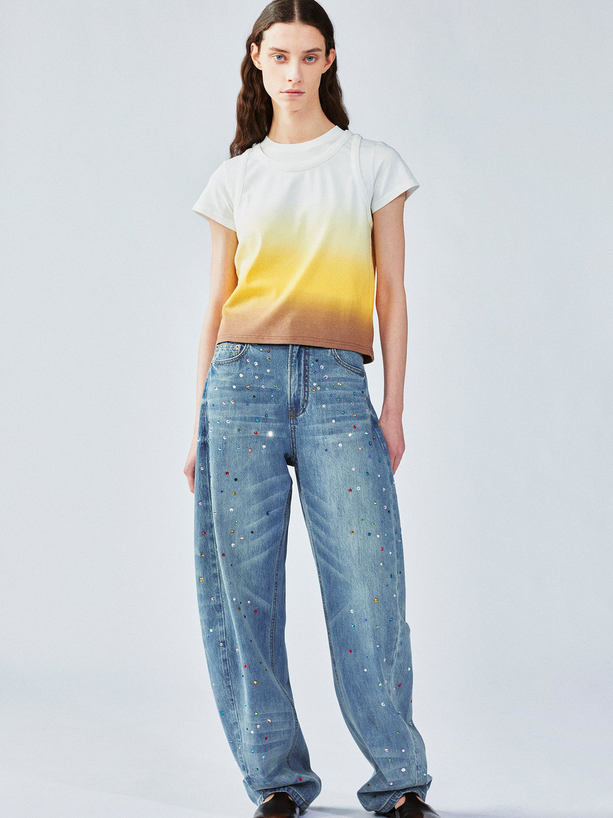 Rhinestone curved jeans