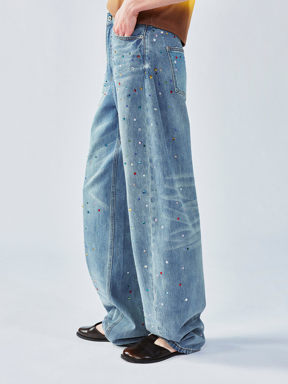Rhinestone curved jeans