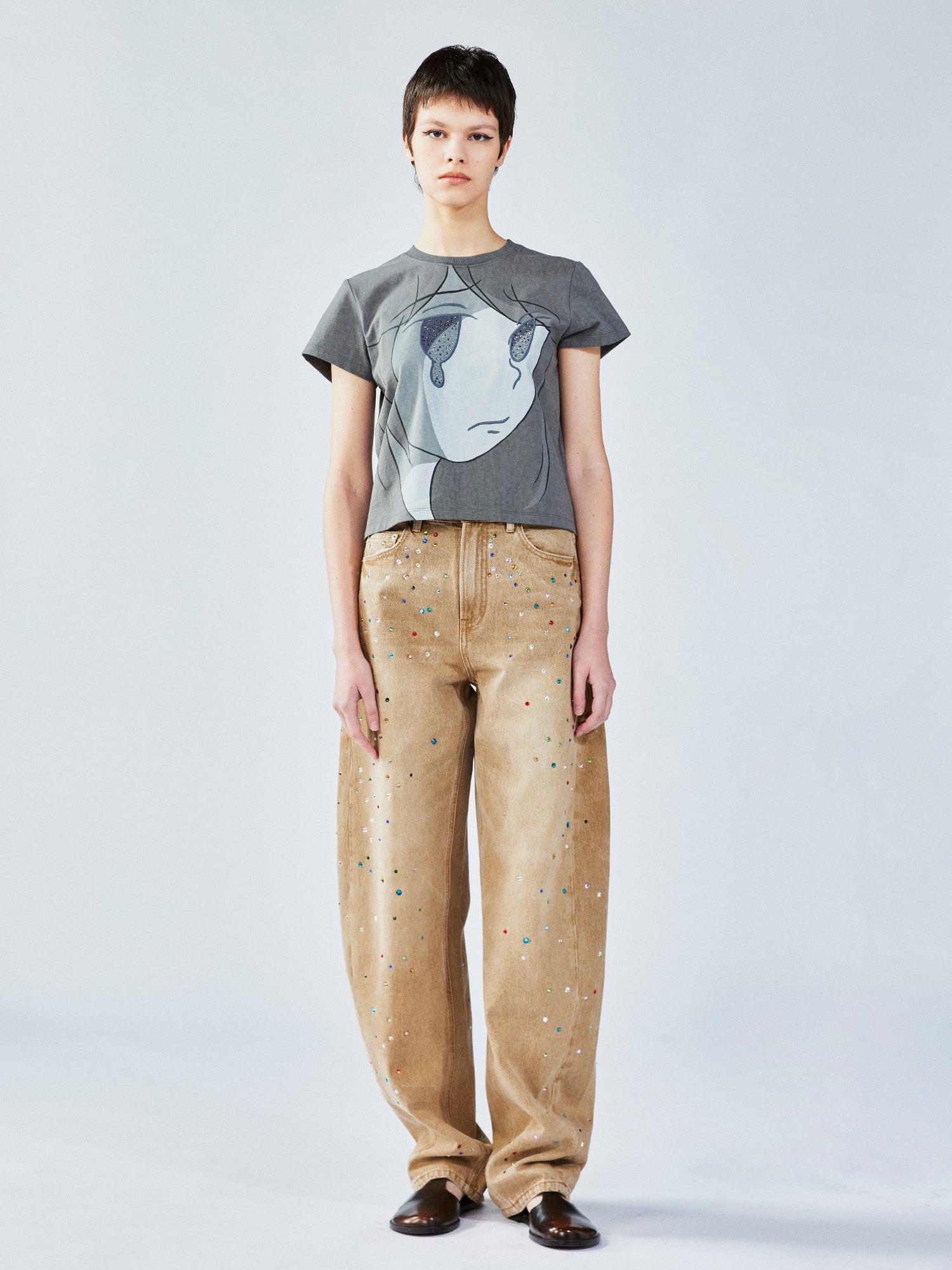 Rhinestone curved jeans