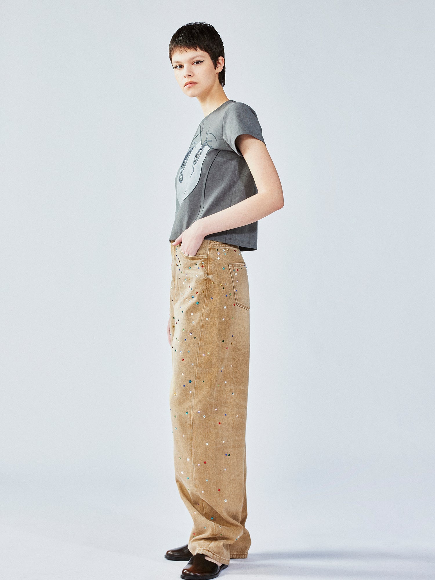 Rhinestone curved jeans