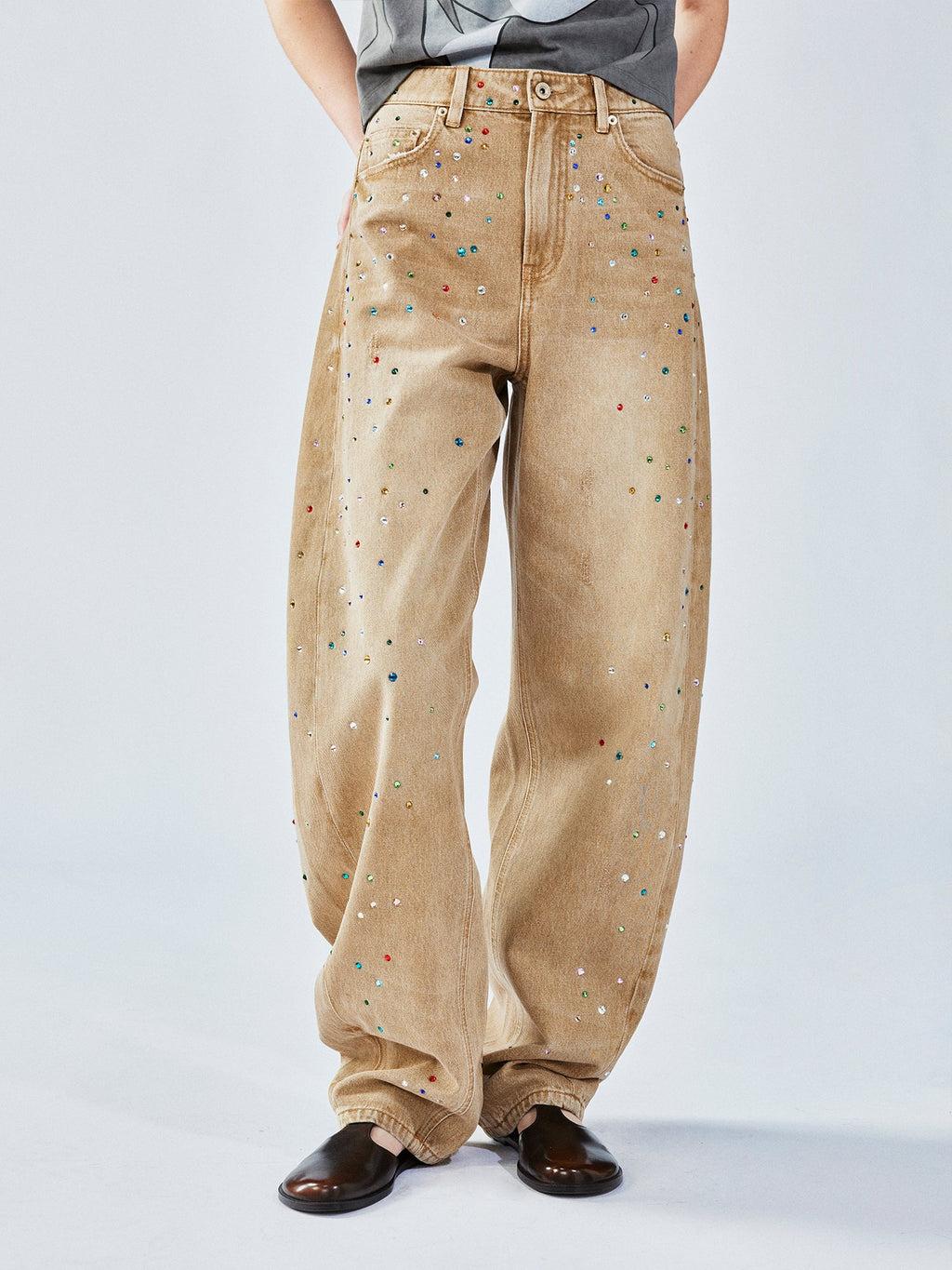 Rhinestone curved jeans
