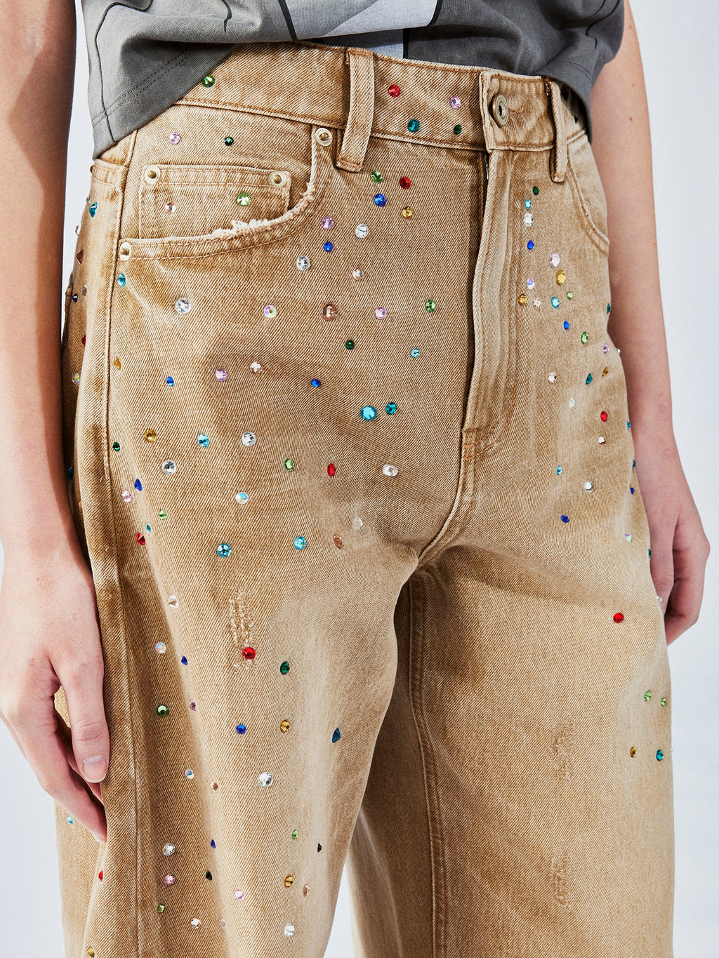 Rhinestone curved jeans