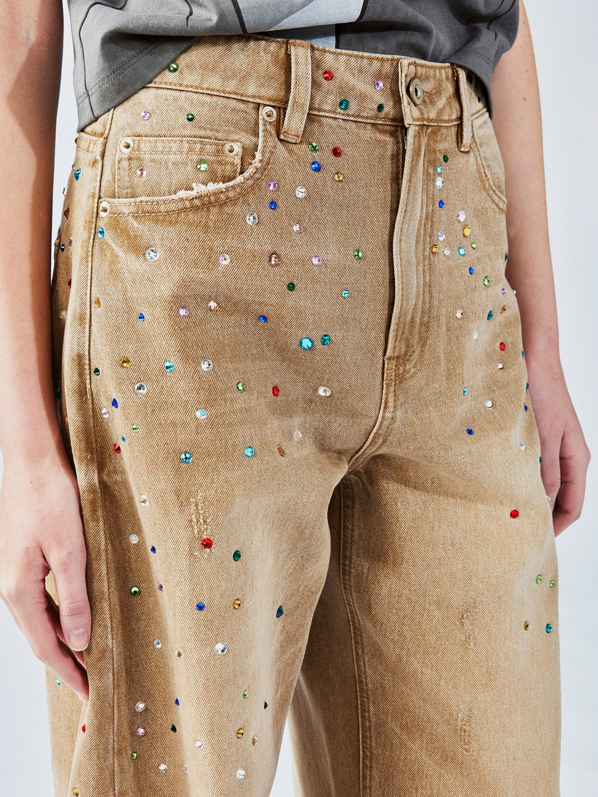 Rhinestone curved jeans
