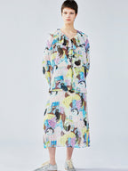 Ruffle-trimmed cat print blouse