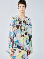 Ruffle-trimmed cat print blouse