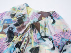 Ruffle-trimmed cat print blouse