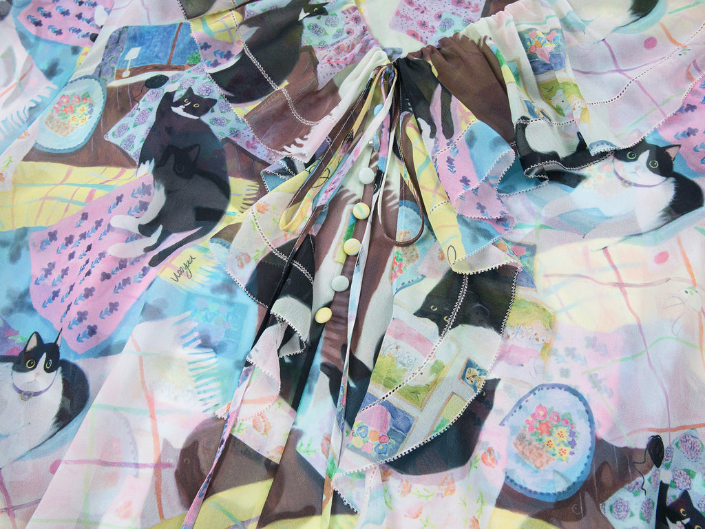 Ruffle-trimmed cat print blouse