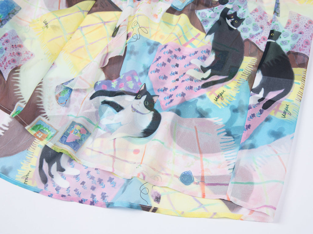 Ruffle-trimmed cat print blouse