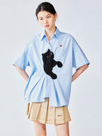 Cat-chasing-butterfly embroidery shirt