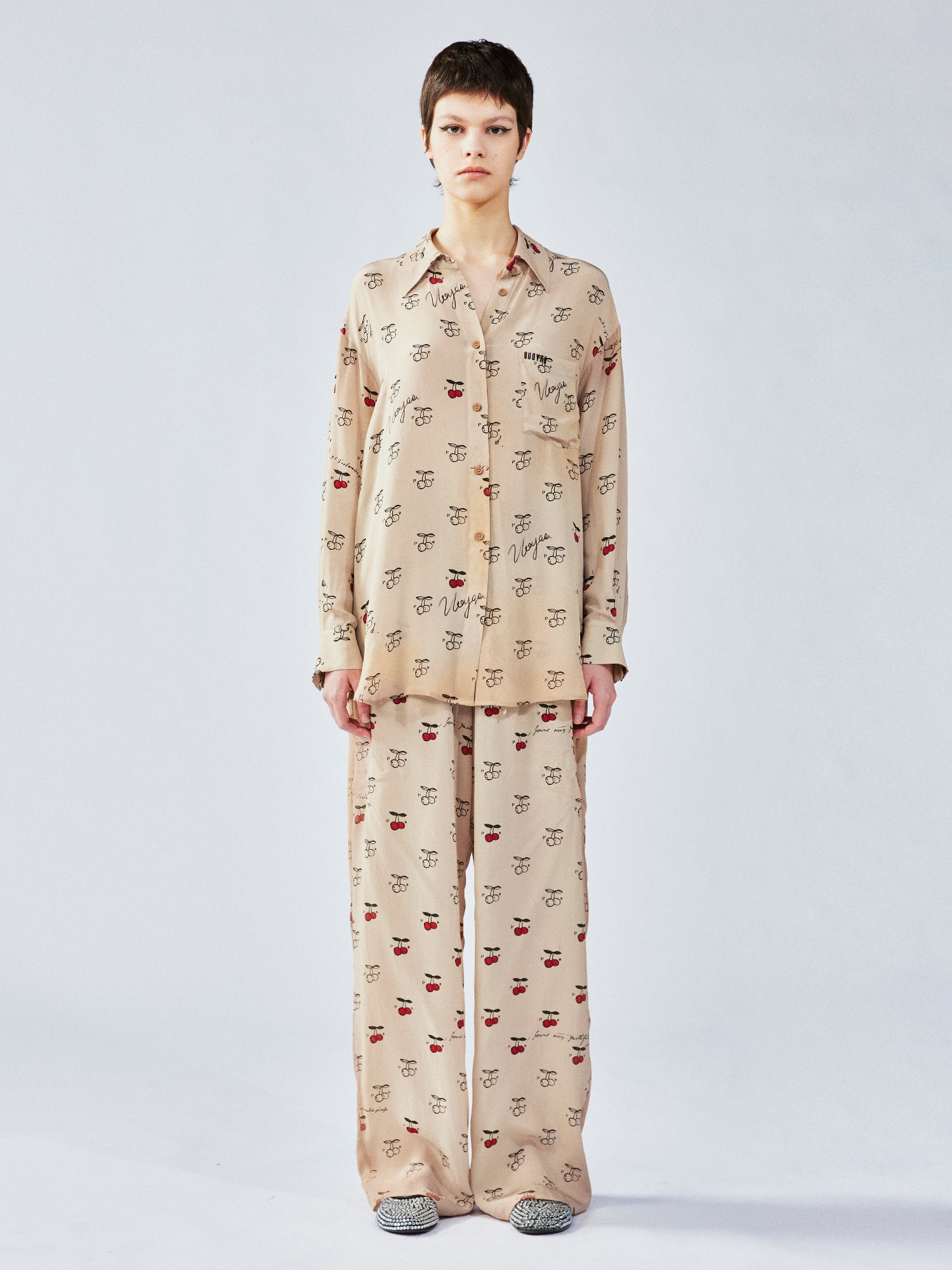 Hand-sketched dynamic cherry print shirt