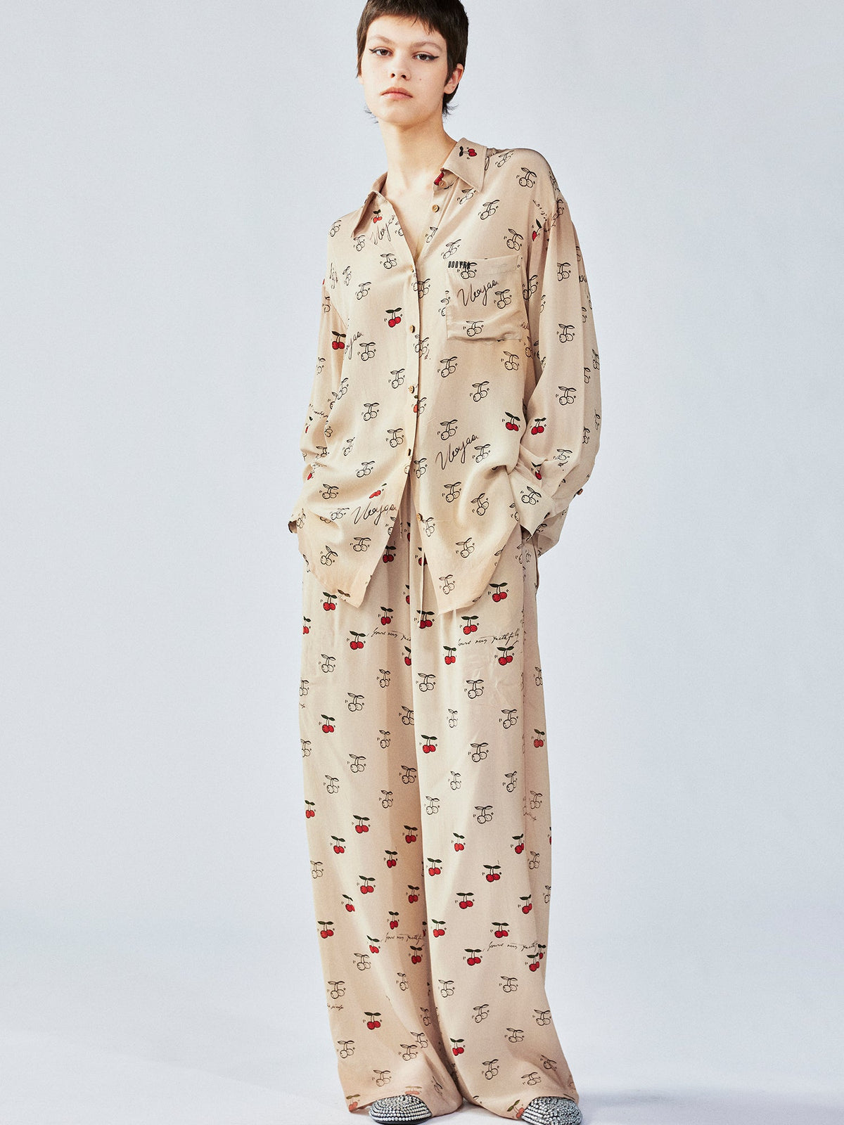 Hand-sketched dynamic cherry print shirt