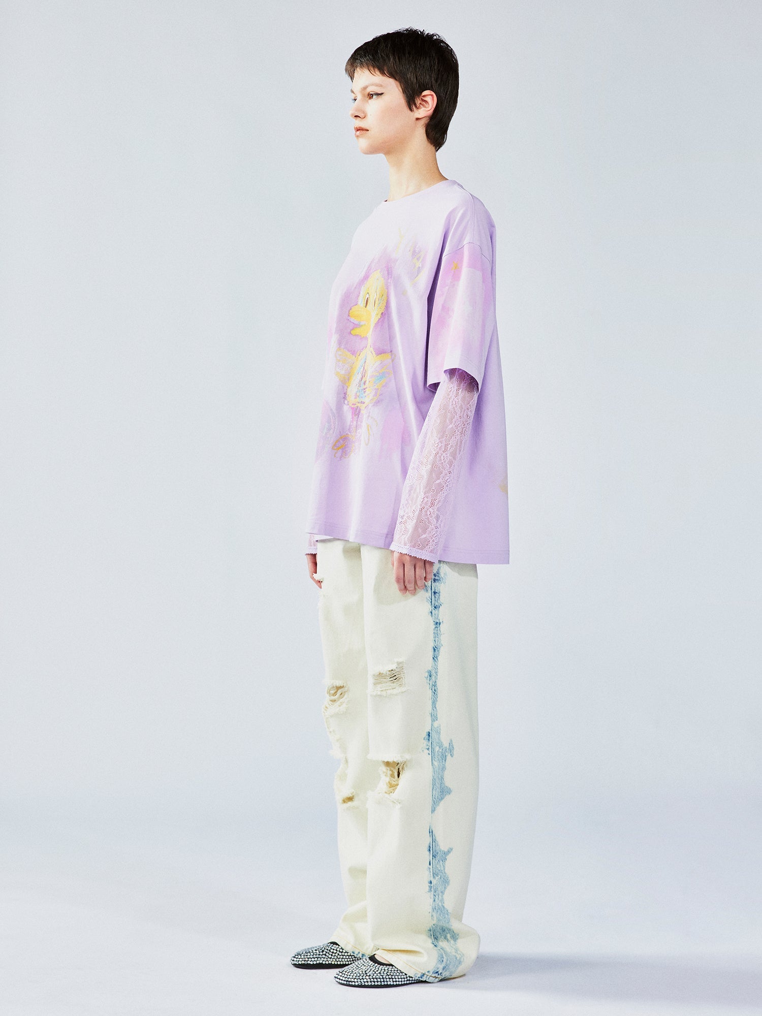 Hand-drawn duck lace layered tee