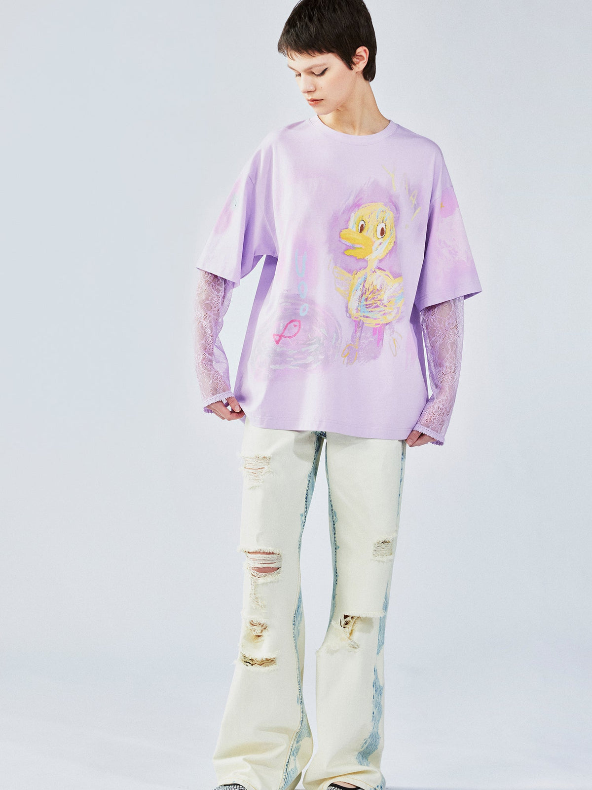 Hand-drawn duck lace layered tee