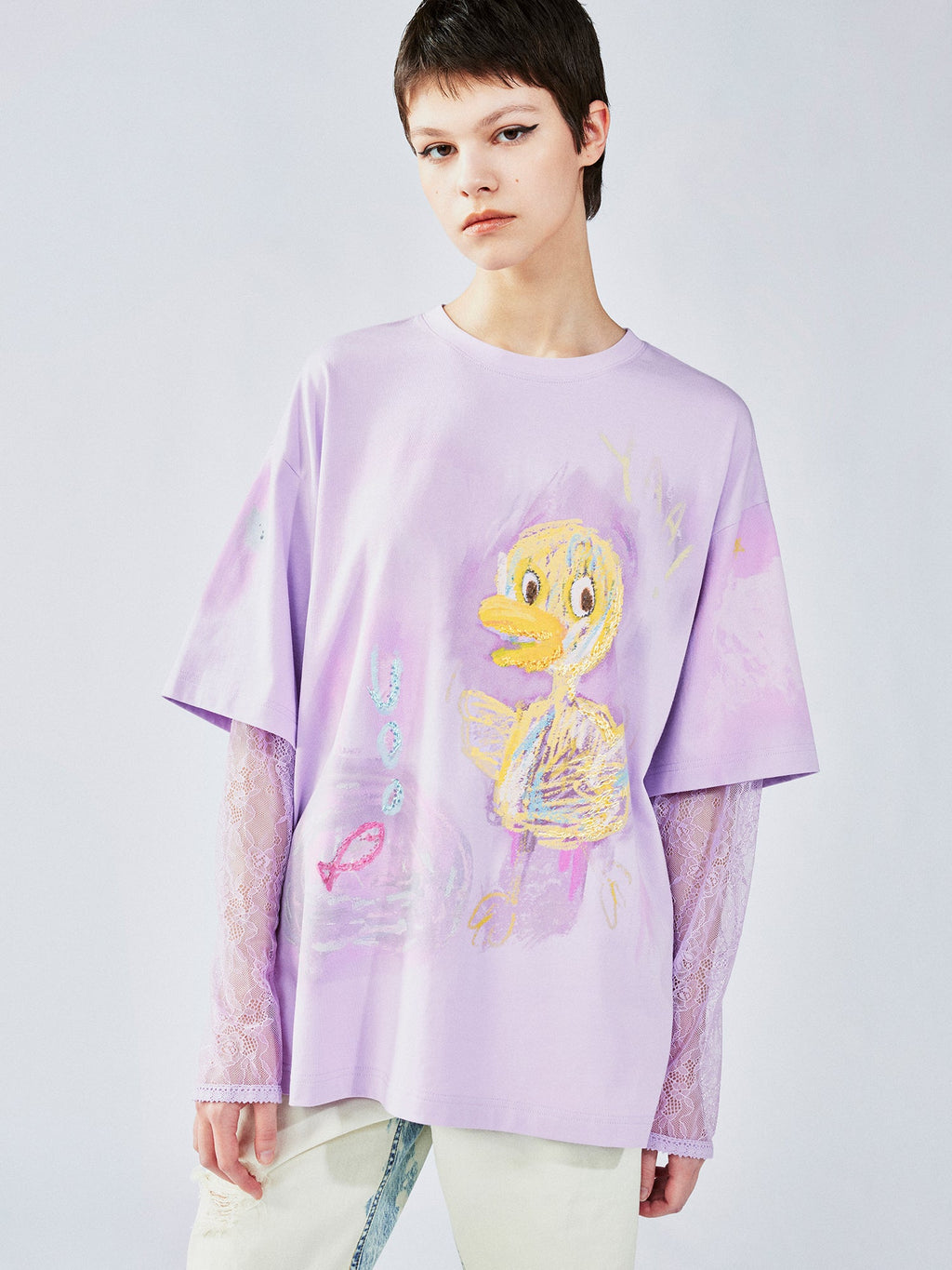 Hand-drawn duck lace layered tee