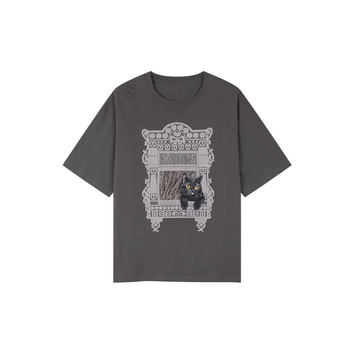 Cat window scene appliqué T-shirt