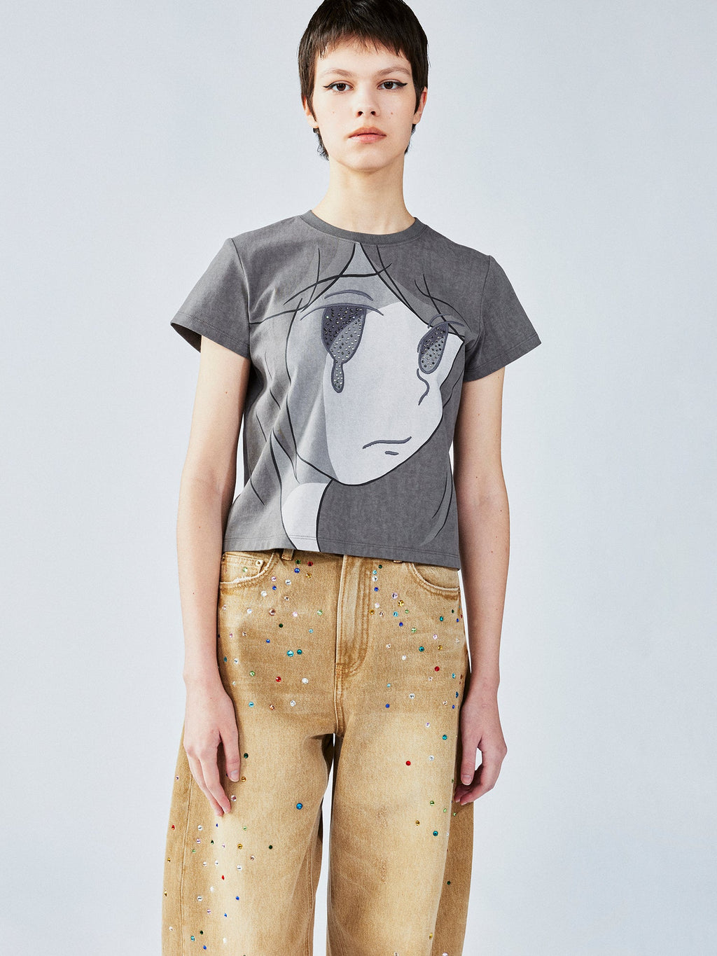 Moody girl print rhinestone T-shirt