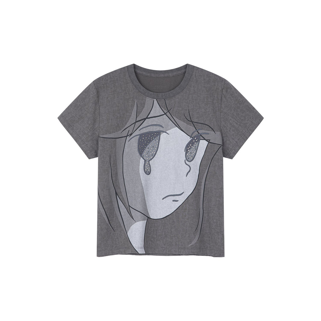 Moody girl print rhinestone T-shirt