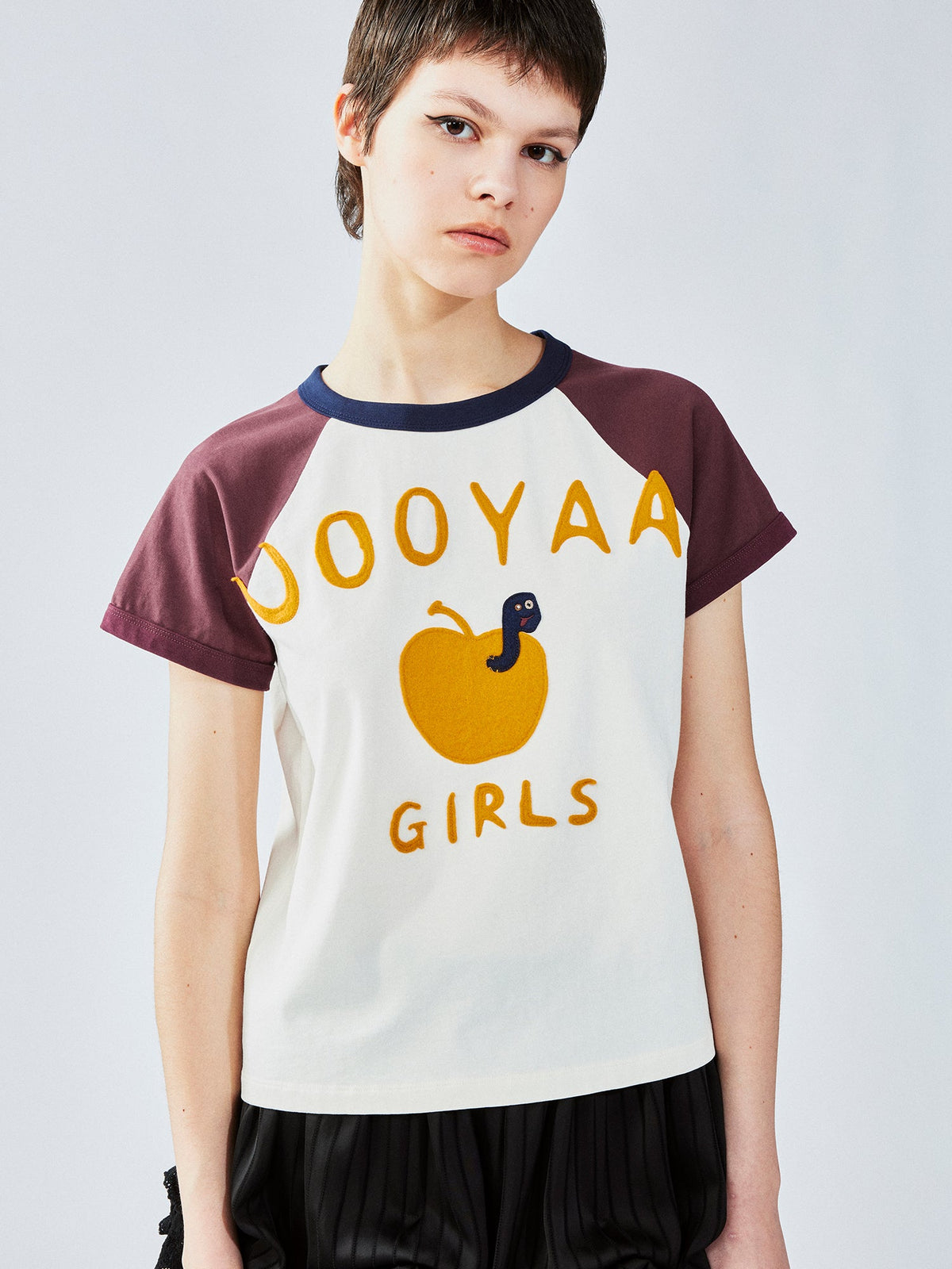 Apple worm felt appliqué raglan tee
