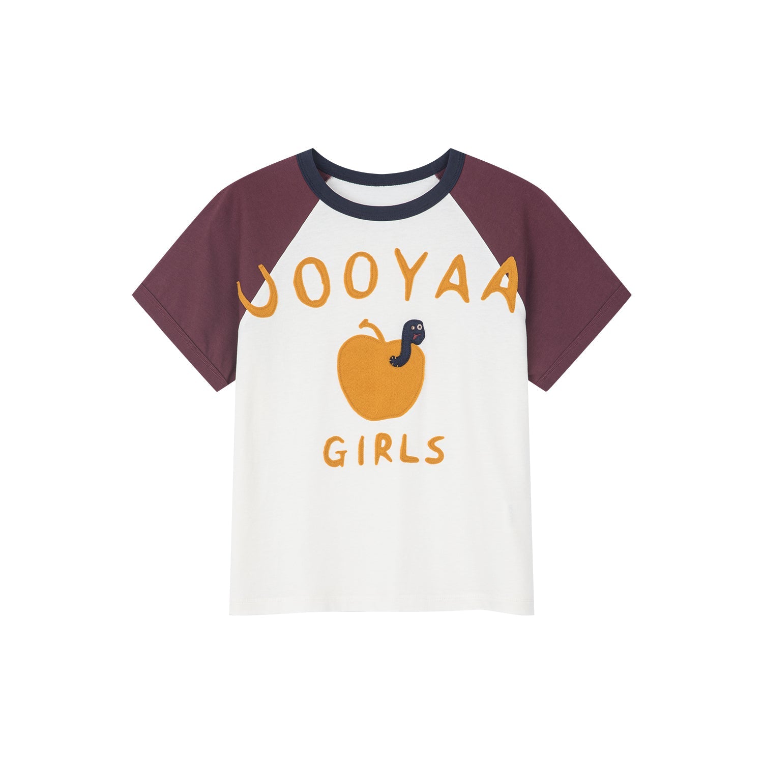 Apple worm felt appliqué raglan tee