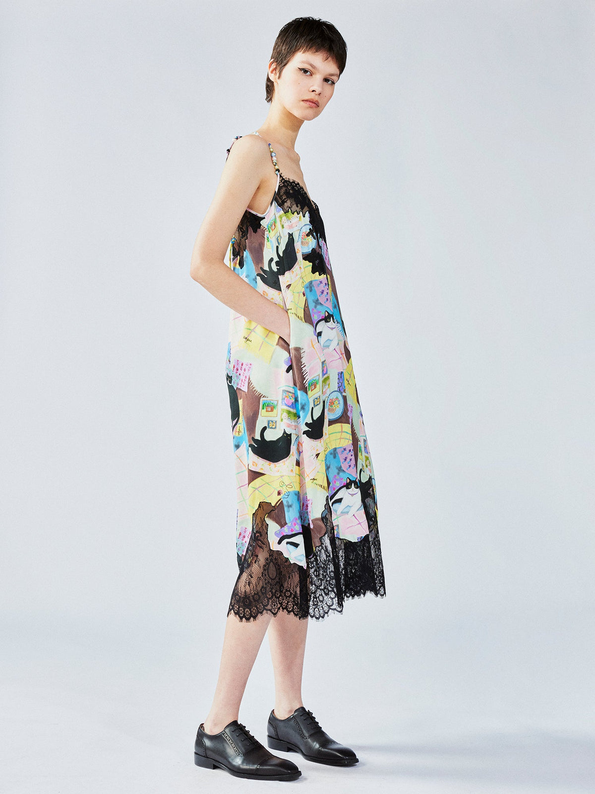 Lace slip dress with cat illustration
