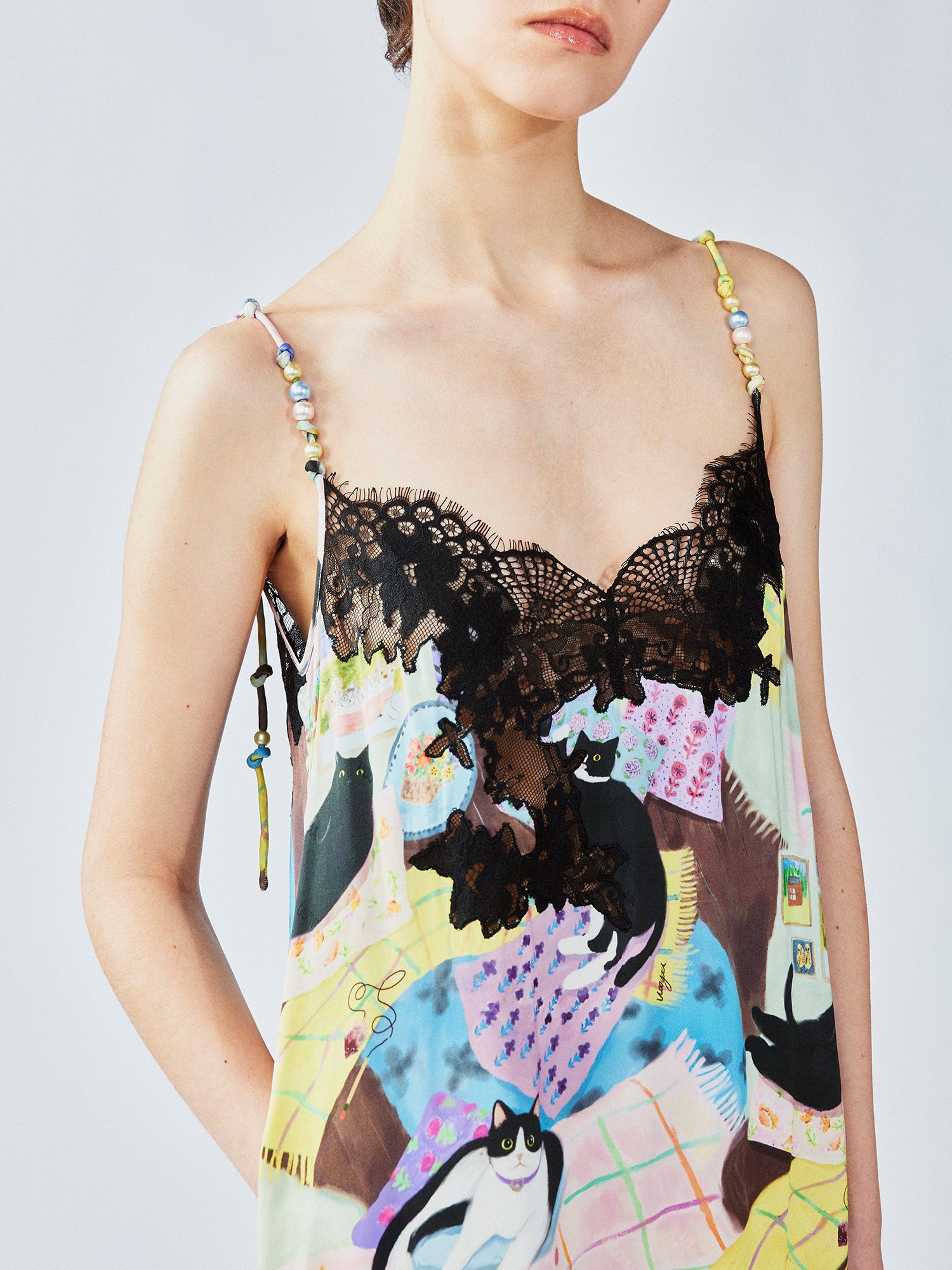 Lace slip dress with cat illustration