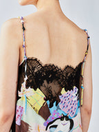 Lace slip dress with cat illustration