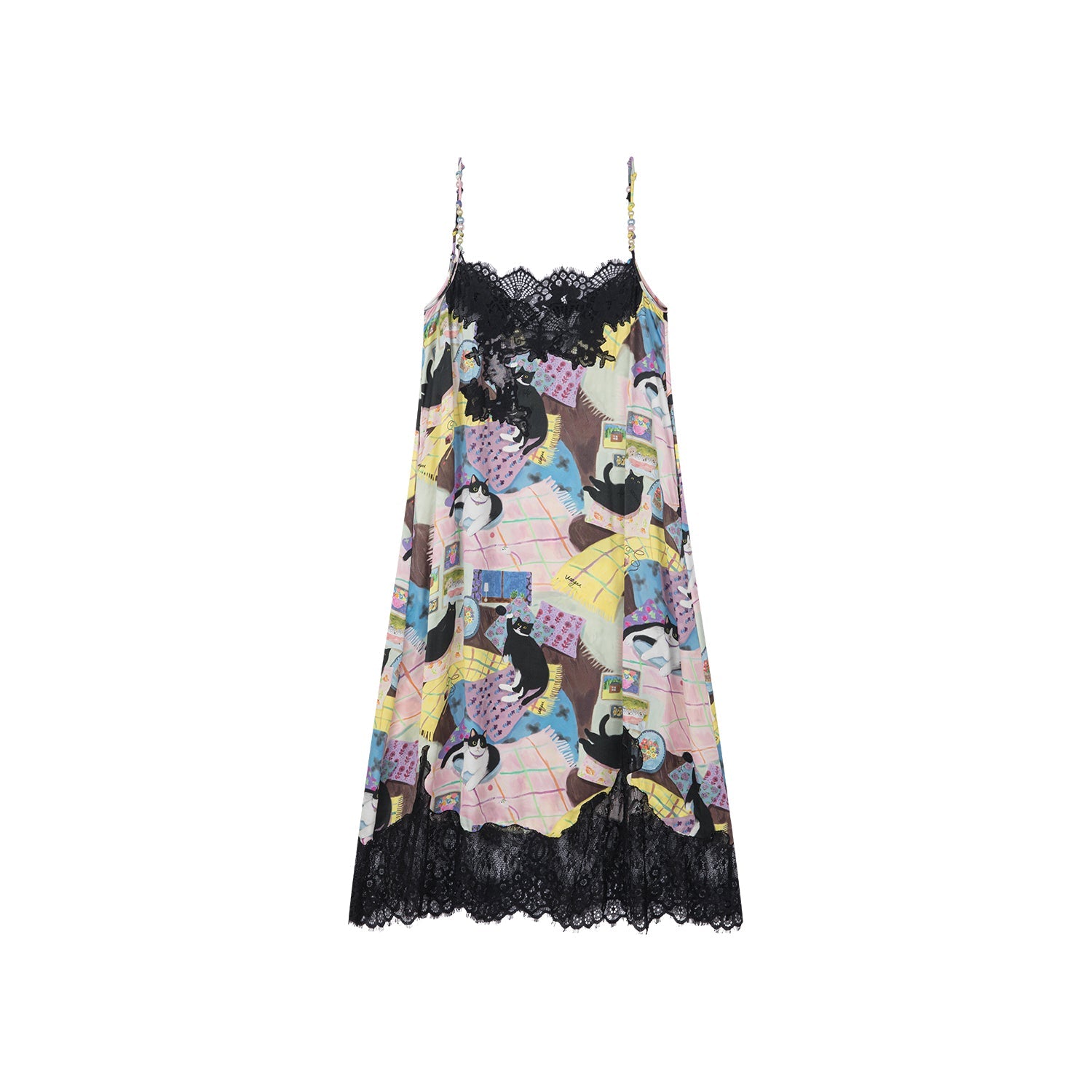 Lace slip dress with cat illustration