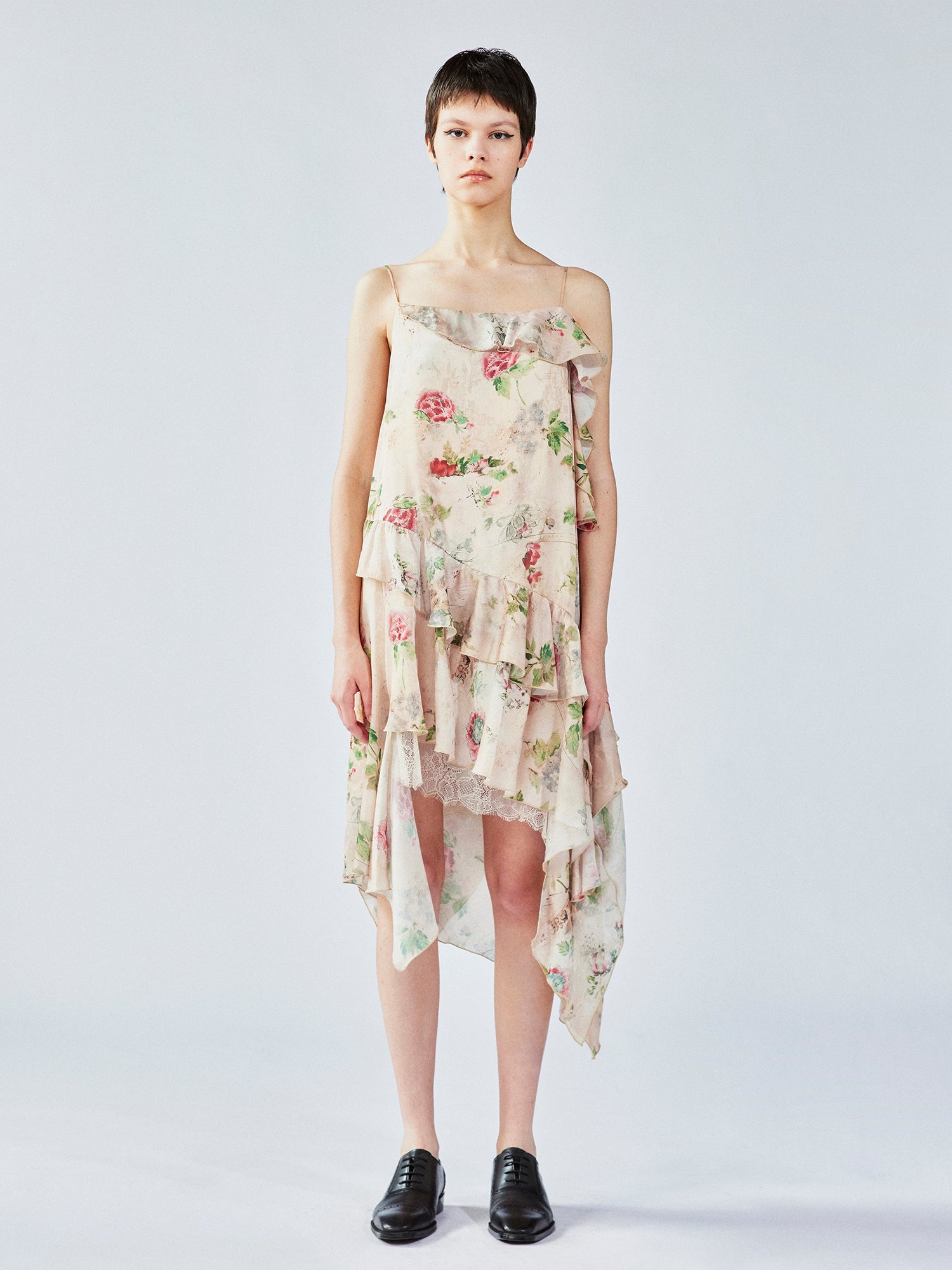 Vintage wallpaper-inspired floral asymmetric ruffle slip dress